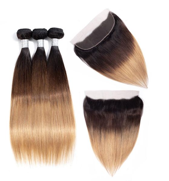 

13x4 lace frontal closure with bundles ombre brazilian straight 3 bundles with lace frontal blonde human hair weave color 1b 4 27 9276898, Black;brown