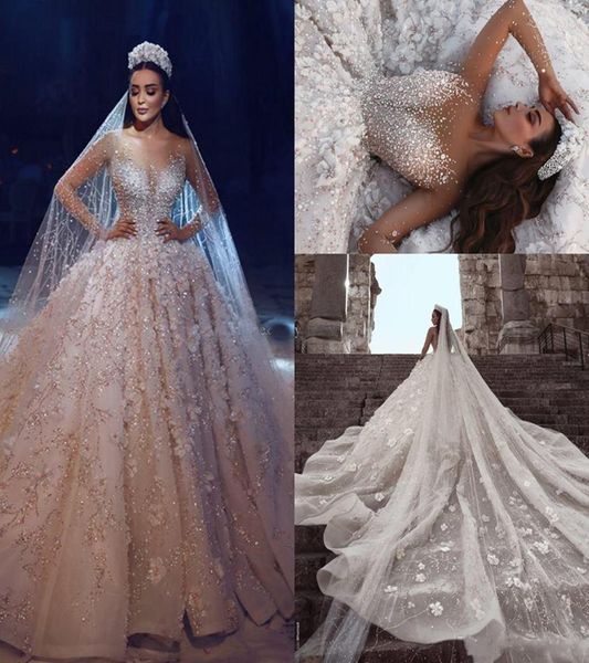 

luxury ball gown wedding dresses sheer neck long sleeves beading flowers tulle saudi arabic budai bridal dresses cathedral train7914235, White
