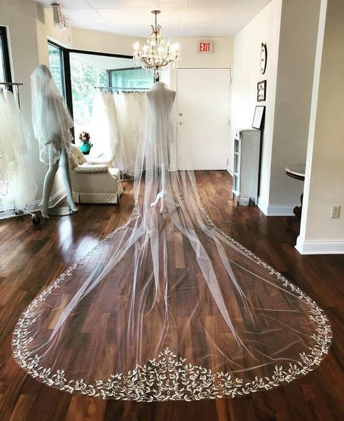 

2019 latest wedding veils real images cathedral length full lace edge blusher face appliqued long white ivory tulle bridal veils c8805499, Black