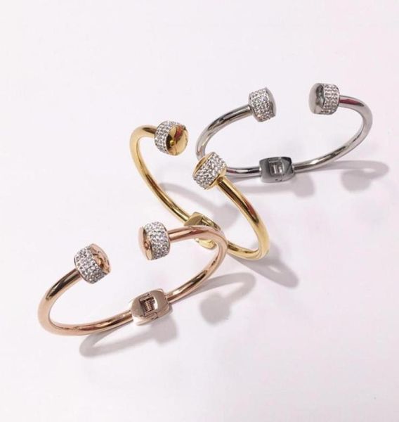 

fashion stainless steel bangle punk better crystal double ball cuff nail bracelet woman lady party gift rose gold color70148742585461, White