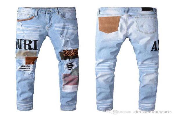 

new mens distressed ripped biker jeans slim fit motorcycle biker denim for men fashion designer hip hop mens jeans7430252, Blue