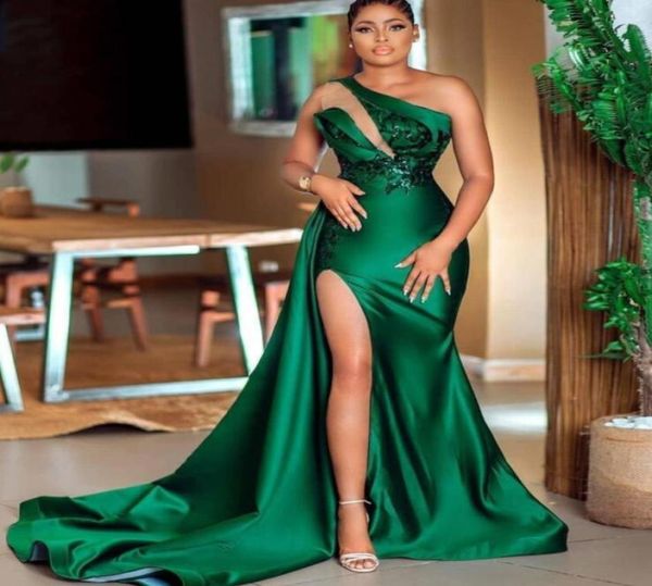 

2023 elegant dark green sequined mermaid prom dresses one shoulder neck side split evening gowns satin sweep train formal dress gw8274048, Black