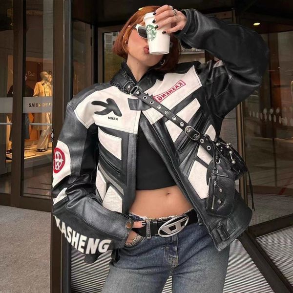 

womens jackets american vintage bomber jacket women autumn patchwork letter embroidery racing motorcycle pu pilot leather 230809, Black;brown