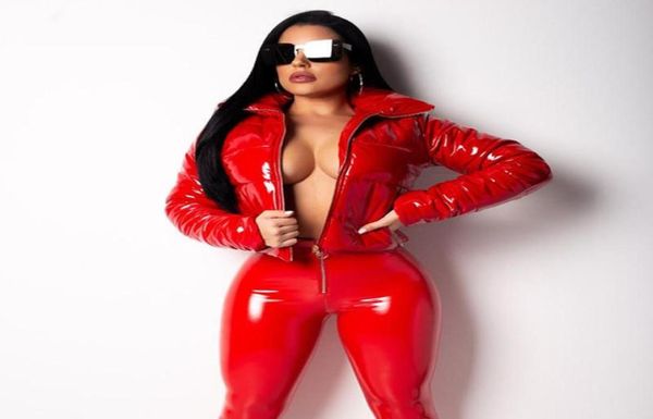 

fashion winter patent leather bubble coat women zipper waterproof cottonpadded red puffer jacket woman parkas plus size5439371, Black