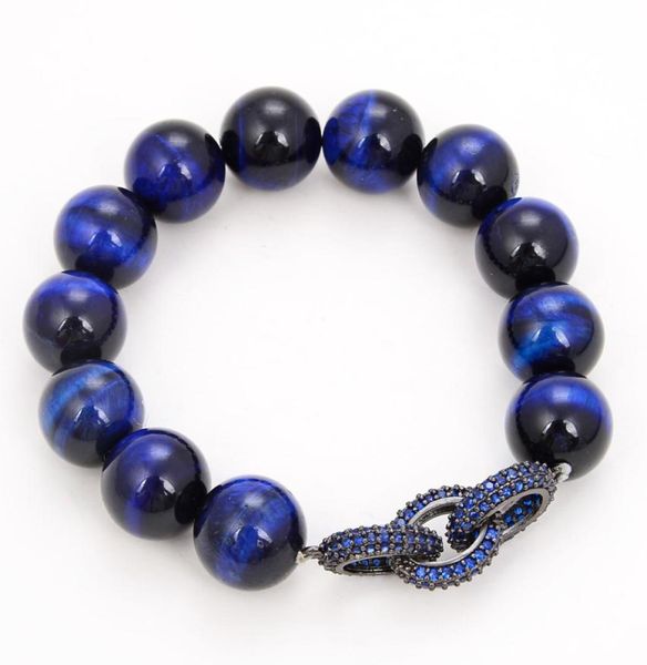 

guaiguai jewelry 14mm round blue tiger eye cz pave ring chain connector stretch bracelet handmade for women real lady fashion jewe2897514, Black