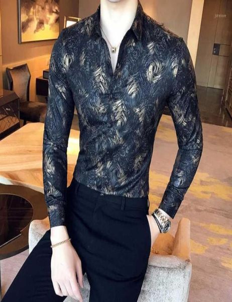 

2020 autumn and winter new boutique fashion gold silk print men039s casual longsleeved shirts slim leisure men039s shirts97325661768780, White;black