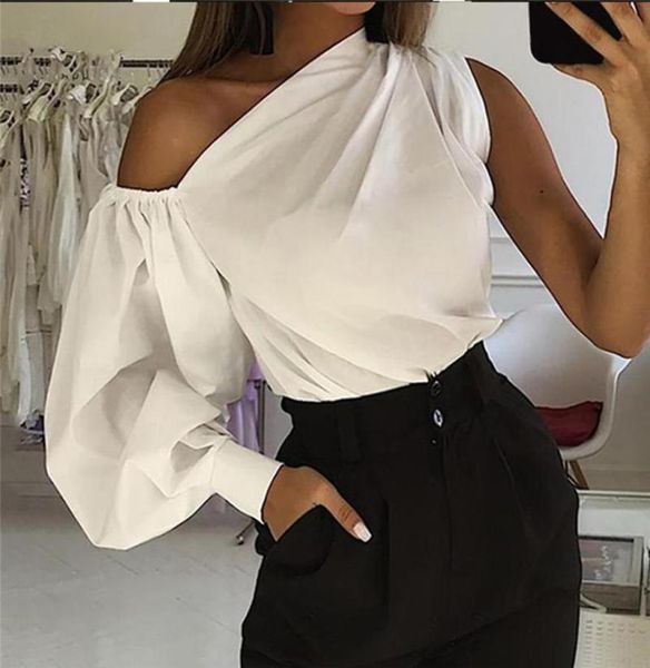 

women one shoulder white blouse skew collar lantern sleeve irregular shirts female casual slim solid blusas6042111