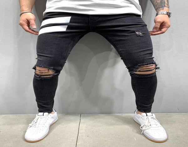 

men skinny denim biker side striped jeans ripped pencil pants destroyed hole hip hop slim fit man scratched jean hombre pantalon5955091, Blue