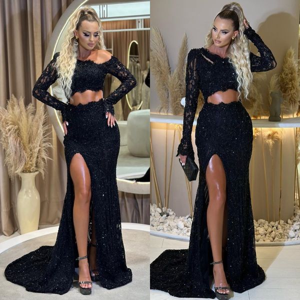 

black sequins mermaid evening dresses beading lace split party prom dress cutaway sides formal long red carpet dress for special occasion, Black;red