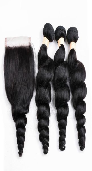 

brazilian loose wave bundles with lace closure brazilian remy human hair loose wave 3 bundles with 4x4 lace closure natural color3420898, Black;brown