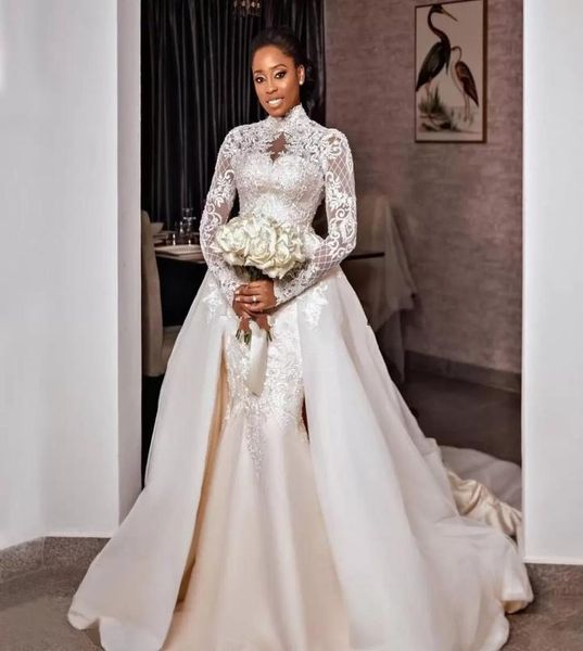 

graceful lace a line wedding dresses 2023 beaded high neck plus size bridal gowns with detachable train long sleeves tulle vestido4595520, White