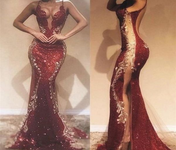 

high split evening dresses 2020 with gold lace dubai middle east formal gowns party prom dress spaghetti straps plus size vestidos3012112, Black;red