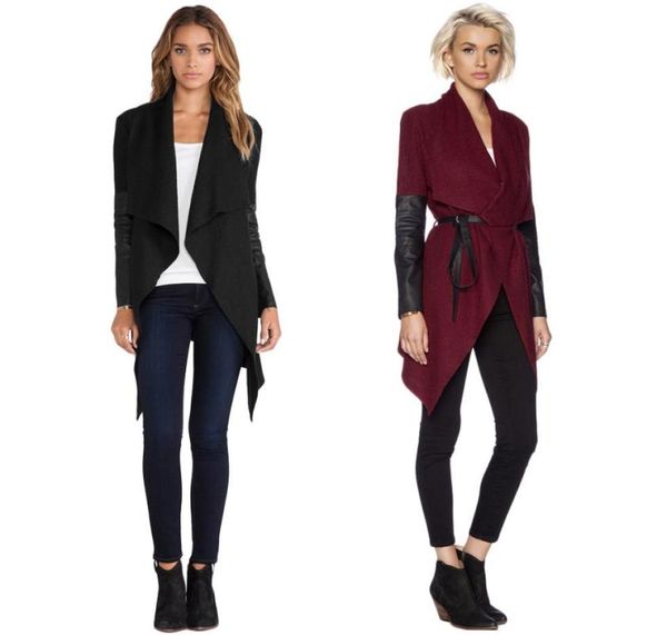 

long winter jacket women waterfall front cape coat pu leather long sleeve cardigan with belt winter poncho9830320, Black