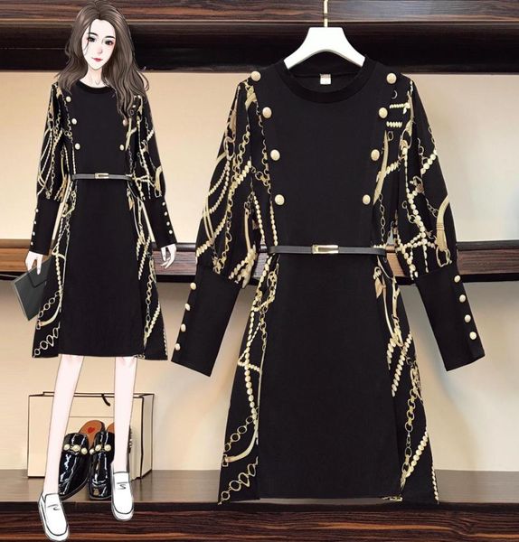 

plus size women autumn long sleeve print patchwork midi dresses runway design office ladies elegant high waist aline dress vestid8587621, Black