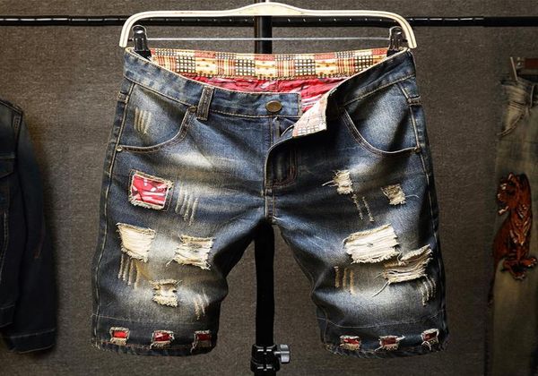 

summer streetwear men ripped jeans short fashion bermuda male vintage holes destroyed straight denim shorts men039s5010631, Blue