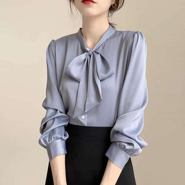 

blue bow knot shirt for women design spring and autumn niche professional temperament satin belt, White