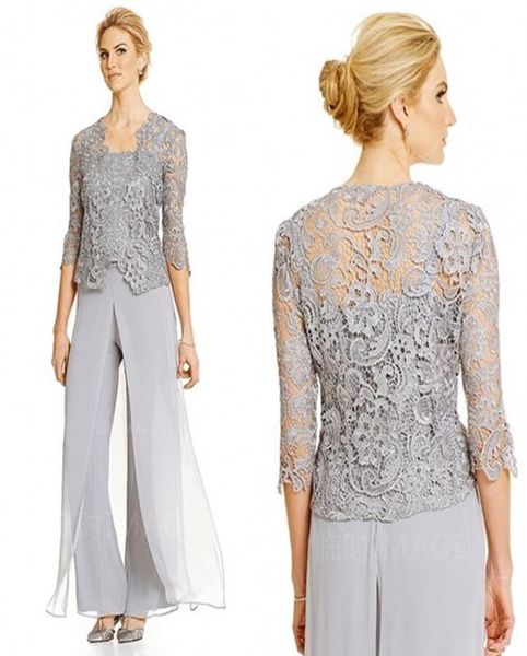 

elegant 2016 silver lace and chiffon spaghetti mother of bride pant suit with 34 long sleeve jacket 3 pieces custom made en909209547603, Black;red