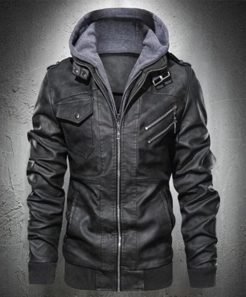 

men039s fur faux men autumn leather jacket hooded motorcycle pu fashion punk style male casual fall coat57143223599501, Black