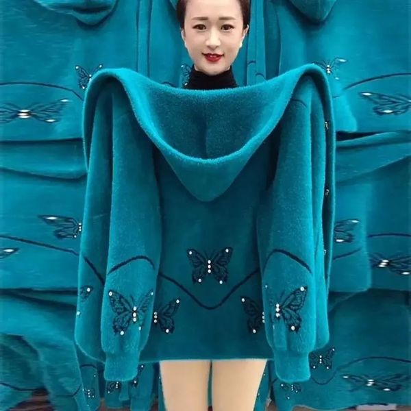 

women's knits tees 2023 middle aged elderly mother imitation mink velvet coat autumn winter thicken hooded cardigan sweater women knitt, White