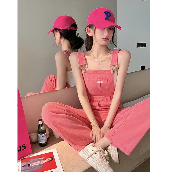 

women's jumpsuits rompers vintage cotton elegant pink denim jumpsuit women sleeveless fashion hipster casual high street wide leg overa, Black;white