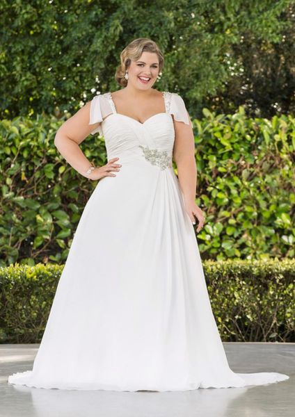 

new a line summer beach chiffon wedding dresses plus size long princess bridal gowns with capped sleeve w13593239671, White