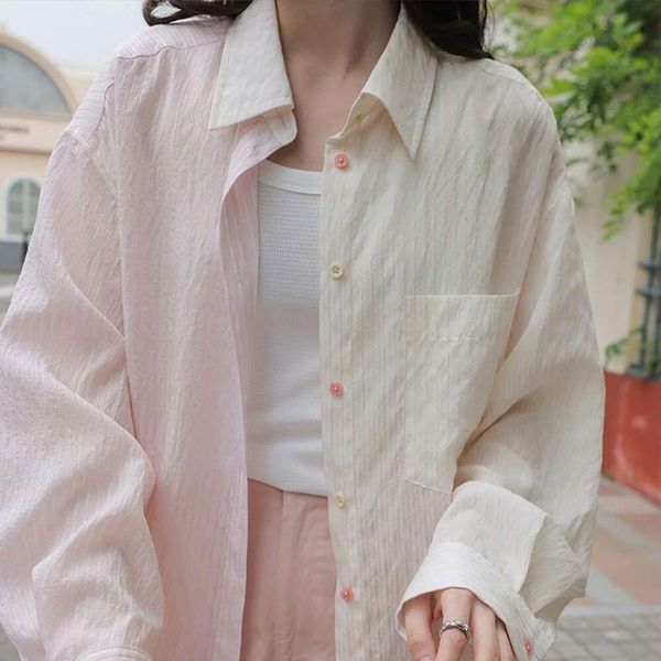 

gentle milk bubble pink color blocking striped shirt summer womens sunscreen casual top, White
