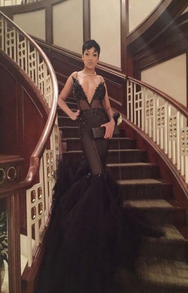 

black see through mermaid evening gowns 2016 spaghetti lace applique sweep train prom party dresses backless formal wear cust8335645