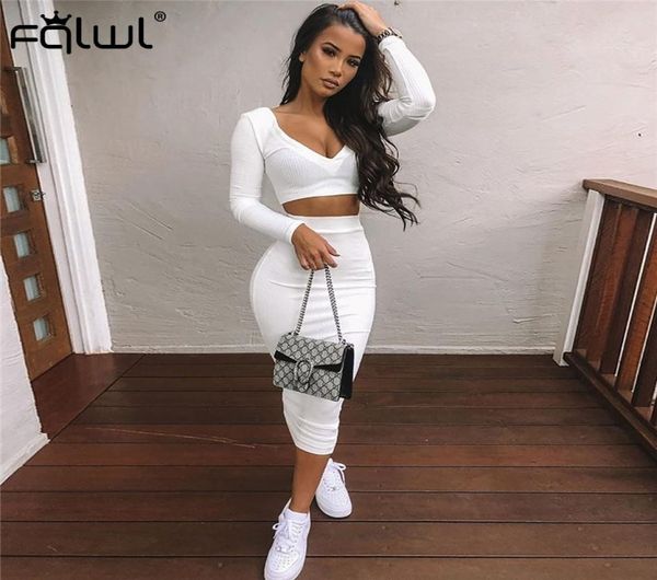 

fqlwl casual two piece set summer knitted dress women long sleeve white bodycon long dress wrap club party maxi dresses 200923601906, Black;gray