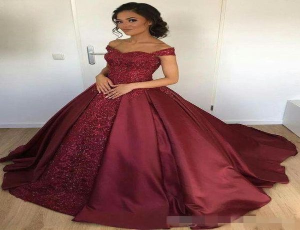 

sparkly beaded sequined burgundy evening dresses formal luxury off shoulders prom dress party gowns long with detachable train3068364, Black;red