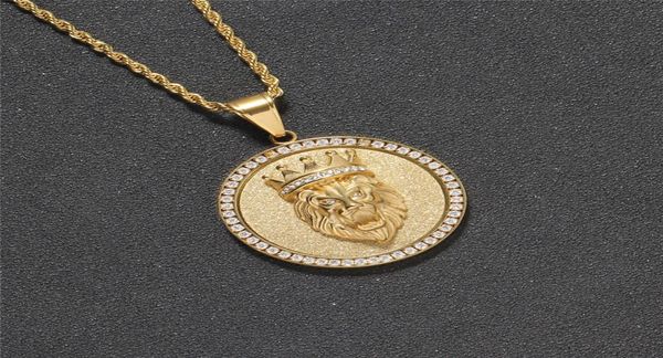 

stainless steel jewelry round crown lion head pendant necklace iced out diamond mens hip hop gift9196084, Silver