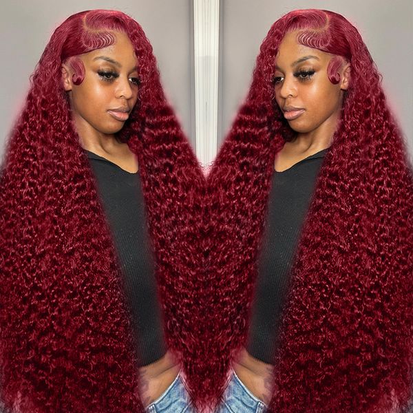 

13x4 Deep Wave Frontal Wig HD Lace Frontal Human Hair Wigs Colored 30 36 Inch Red Burgundy Curly Lace Front Human Hair Wigs