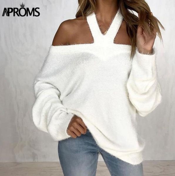 

aproms elegant off shoulder mohair knitted pullover female winter white black loose knit sweaters women autumn jumper pull 247356