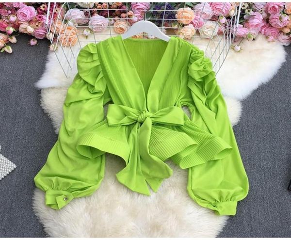 

women temperament strap waist closed solid bow shirt puff long sleeve blouse sweet korea summer 20239609099, White
