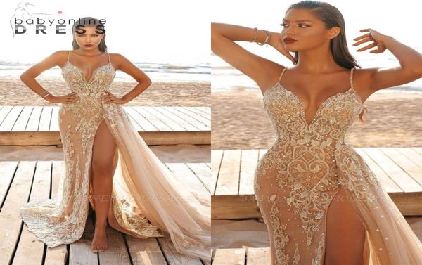 

stunning champagne gold beads appliqued evening dresses high thigh split spaghetti straps backless long occasion party prom g3446166, Black;red