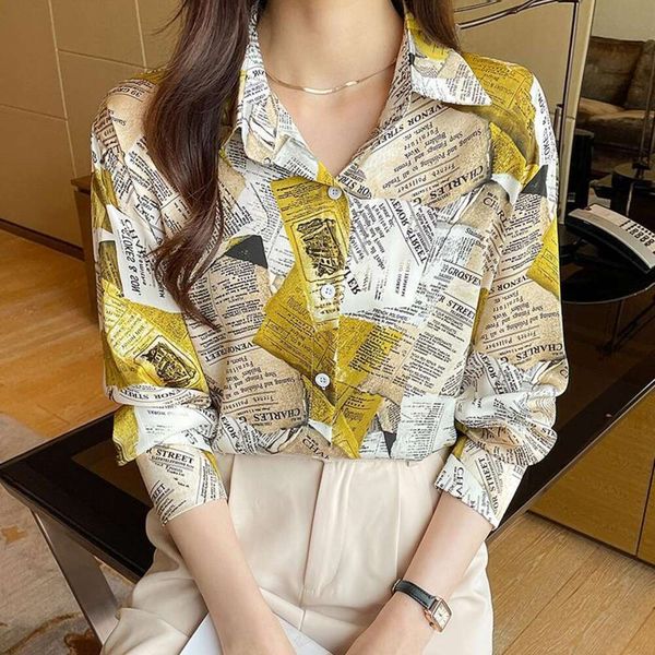 

spring and autumn shirt korean silk stain long sleeved print retro large chiffon for women, White