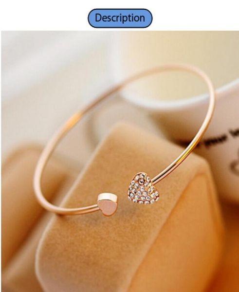 

women fashion bangle style alloy gold and silver color rhinestone love heart cuff bracelet jewelry2185877, Black