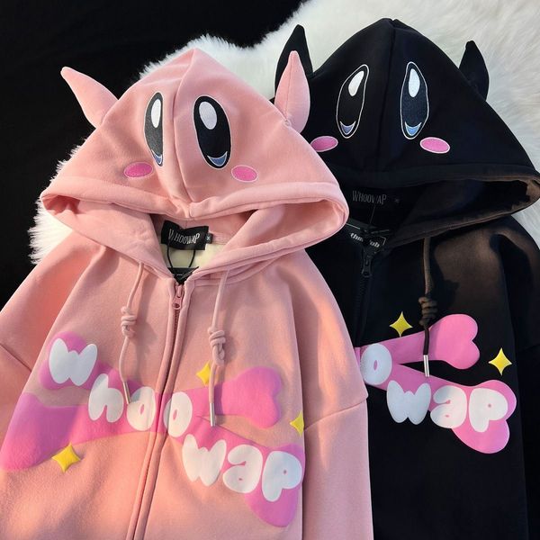 

men's hoodies sweatshirts harajuku devil embroidery hoodies women japanese sweet streetwear cartoon loose sweatshirt couple zip up hood, Black