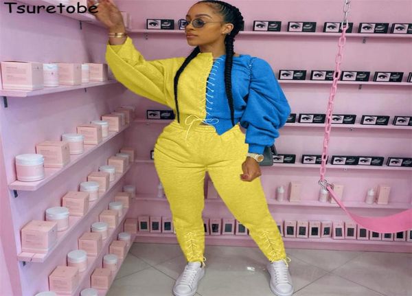 

tsuretobe bandage patchwork two piece set women lace up crop sweatpants fall 2020 women clothing fashion sweatsuits for wome6569655, Gray