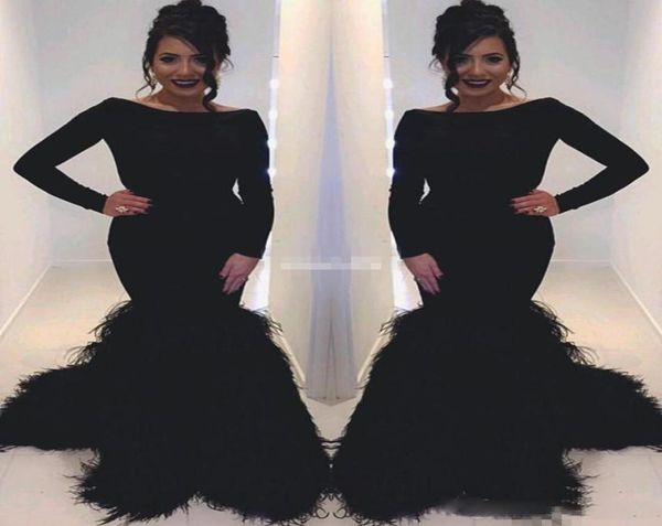

black feather mermaid evening gowns bateau long sleeve zipper back prom dresses floor length cocktail party dresses custom ma5401064, Black;red
