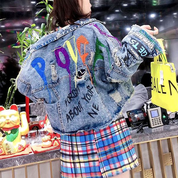 

womens jackets spring autumn streetwear rivets denim jacket colorful letters ribbons women punk rock ripped bf design graffit print coats nz, Black;brown
