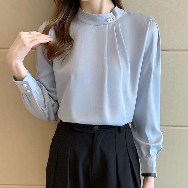 

five color womens long sleeved shirt with beads autumn design niche chiffon, White