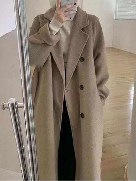 

women's knits tees winter woolen coat women thicken long jacket casual loose fashion windbreaker outerwear female vintage oversize lape, White