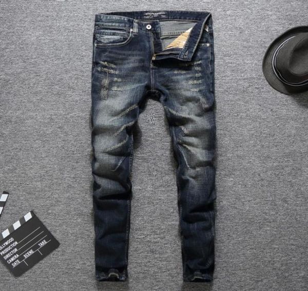 

italian fashion designer men jeans classical brand jeans men slim fit dark color ripped homme biker9928833, Blue