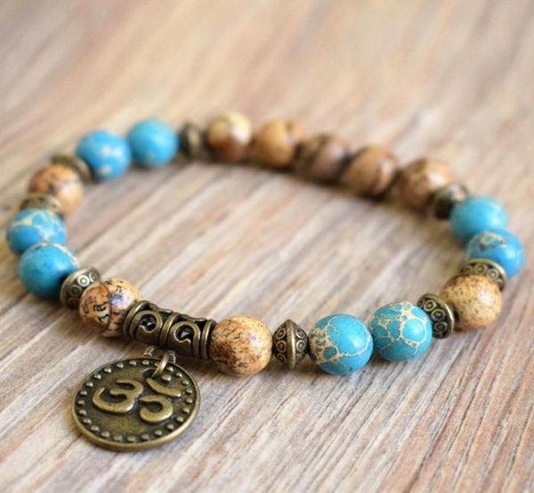 

mg0788 new design picture jasper bracelet blue regalite stone om charm yoga beaded wrist mala bracelet5255163, Black