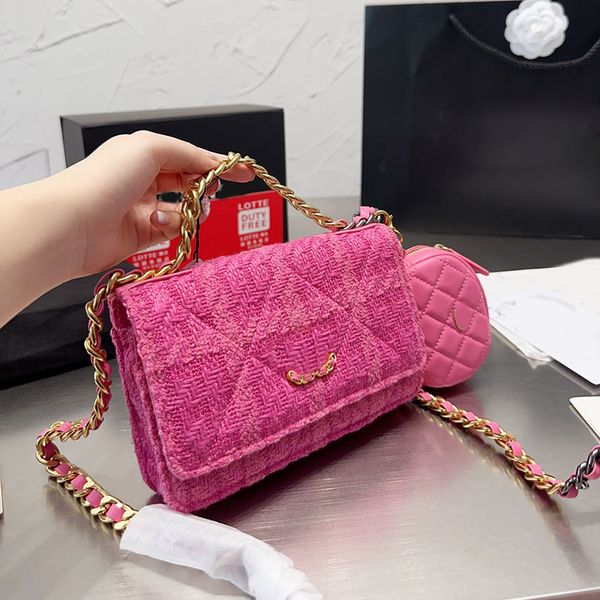 

two-tone knitting wool tweed women designer flap woc bag with little zipper coin purse aged gold and silver matelasse chain 19cm cross body