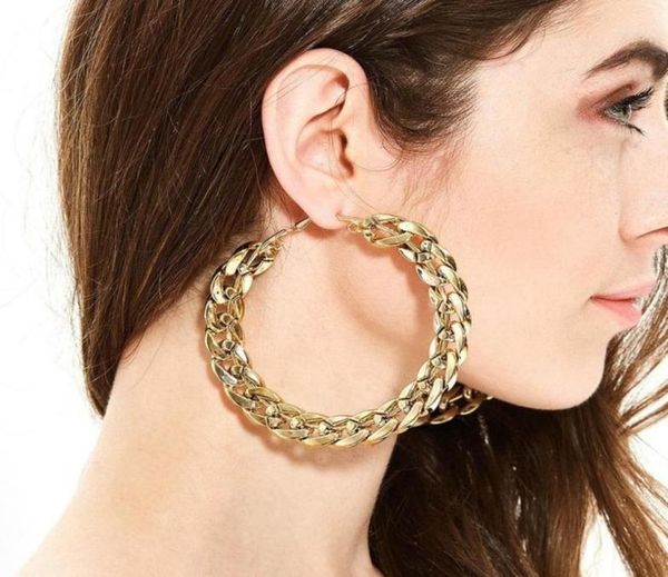 

european 80mm super large circle chain hoop earring punk cuba link chain loop statement earrings women party jewelry13608899, Golden;silver