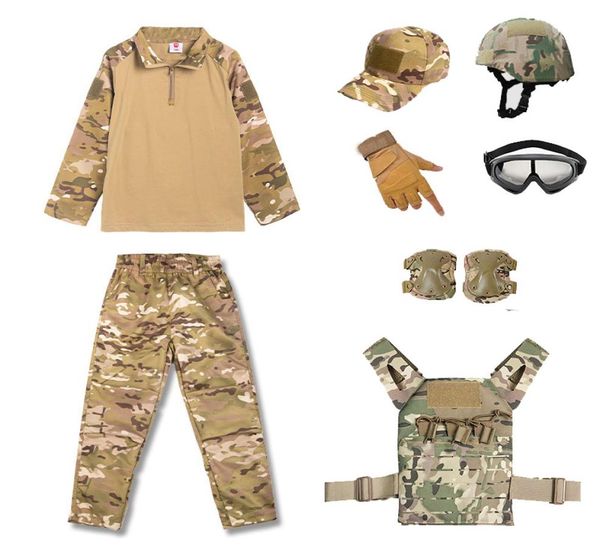 

camouflage kid child uniform cs bdu set outdoor sports airsoft gear jungle hunting woodland tactical helmet vest cap set combat ch9759475, Black;green