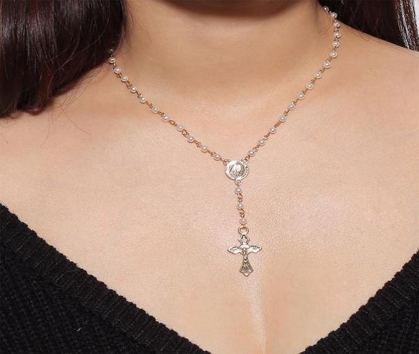 

sparkly cross pendant choker necklace long imitation pearl beaded chain rosary madonna coin necklaces pendants religious jewelry2974367, Silver