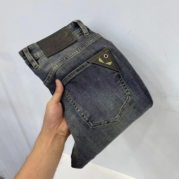

designer luxury men's gray letter print premium luxury washed letter row patch motorcycle vintage stretch business pants, Blue