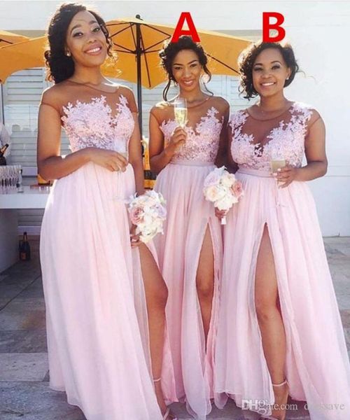 

country blush pink bridesmaid dresses 2022 sheer jewel neck lace applique maid of honor dress split formal evening gowns wear8711185, White;pink